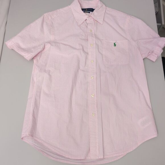 Ralph Lauren Seersucker Shirt Mens M Short Sleeve Pink White Striped Button Down - Picture 1 of 4